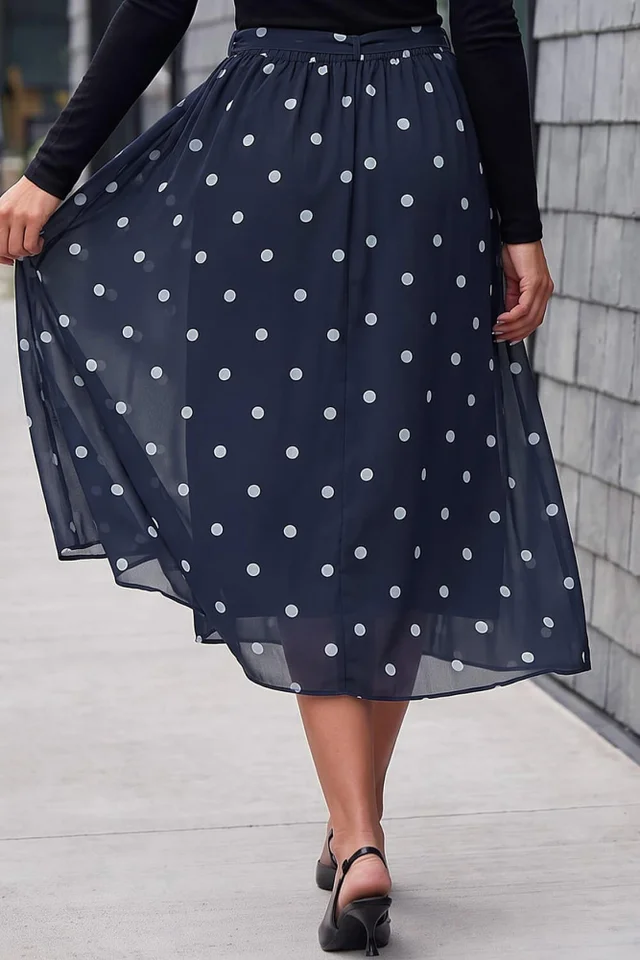 Roman Navy Polka Dot A-Line Belted Skirt