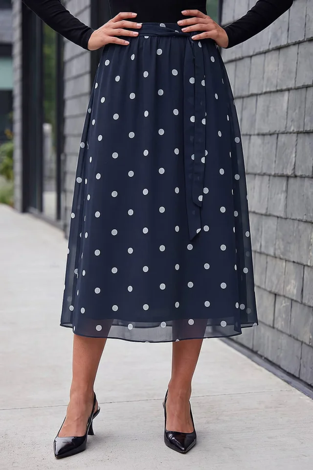 Roman Navy Polka Dot A-Line Belted Skirt