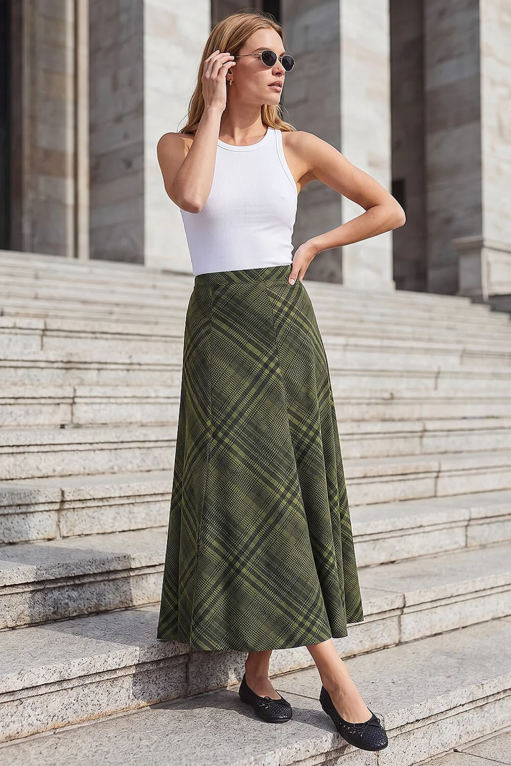Roman Green Print Check Midi Skirt - 12 Image 2