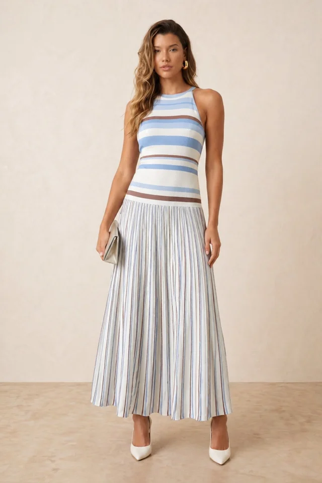 Style Cheat Brown & Blue Stripe Knitted Midi Dress