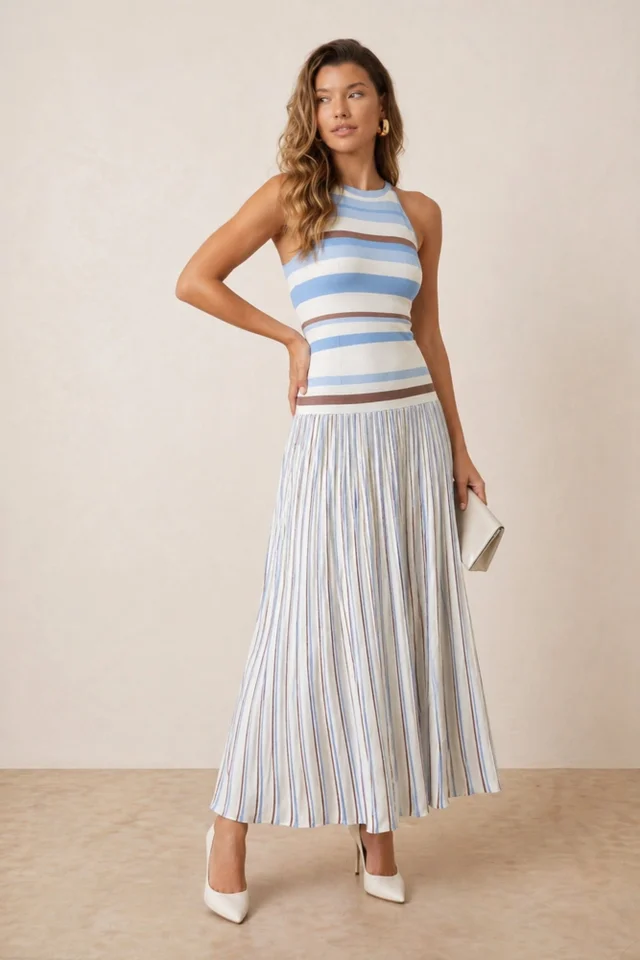 Style Cheat Brown & Blue Stripe Knitted Midi Dress