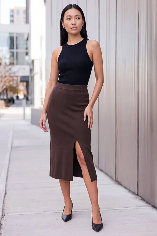 Roman Chocolate Front Split Knit Skirt - 14 Image 2