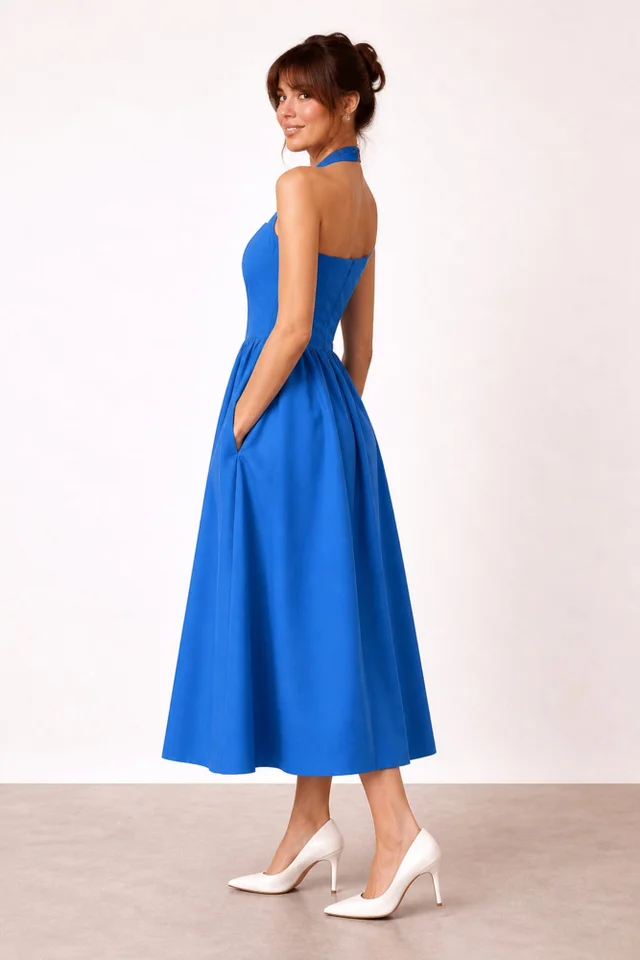 Style Cheat Blue Elsie Cotton Halter Midi Dress