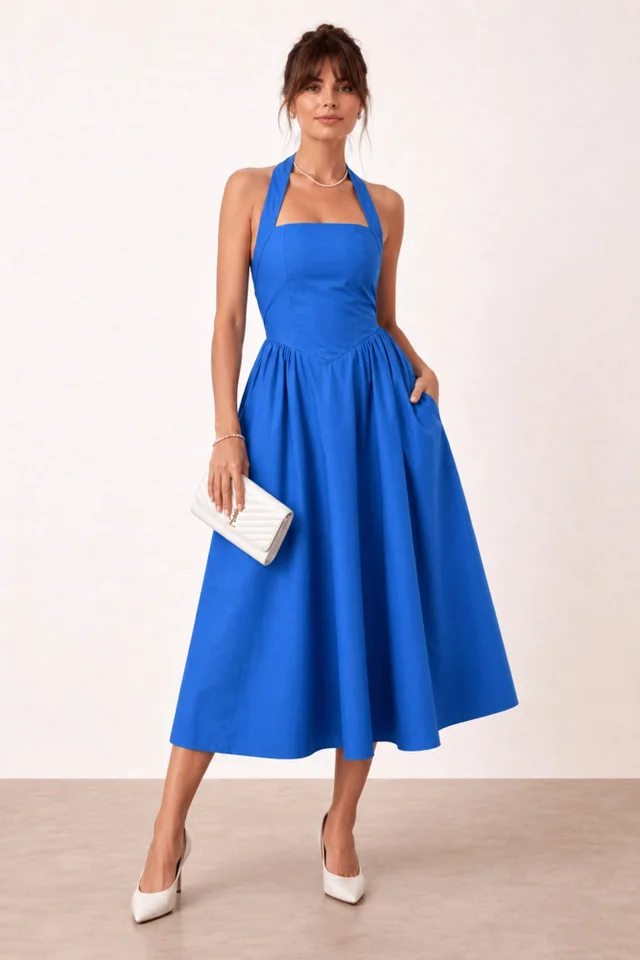 Style Cheat Blue Elsie Cotton Halter Midi Dress