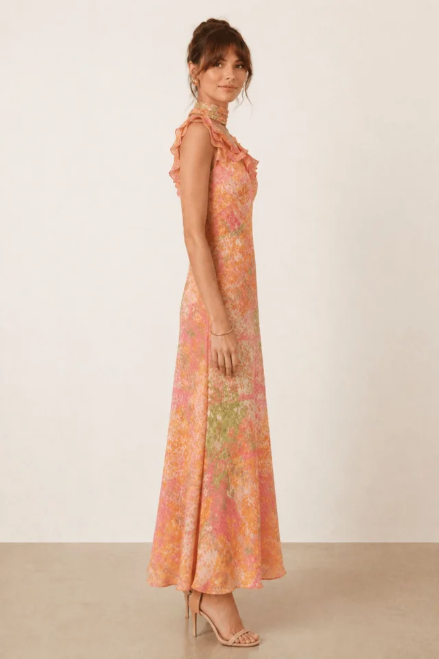 Style Cheat Coral Ruffle Lurex Maxi Dress