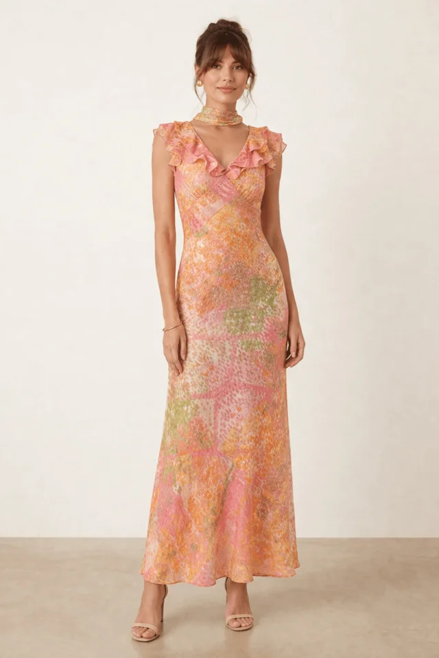 Style Cheat Coral Ruffle Lurex Maxi Dress