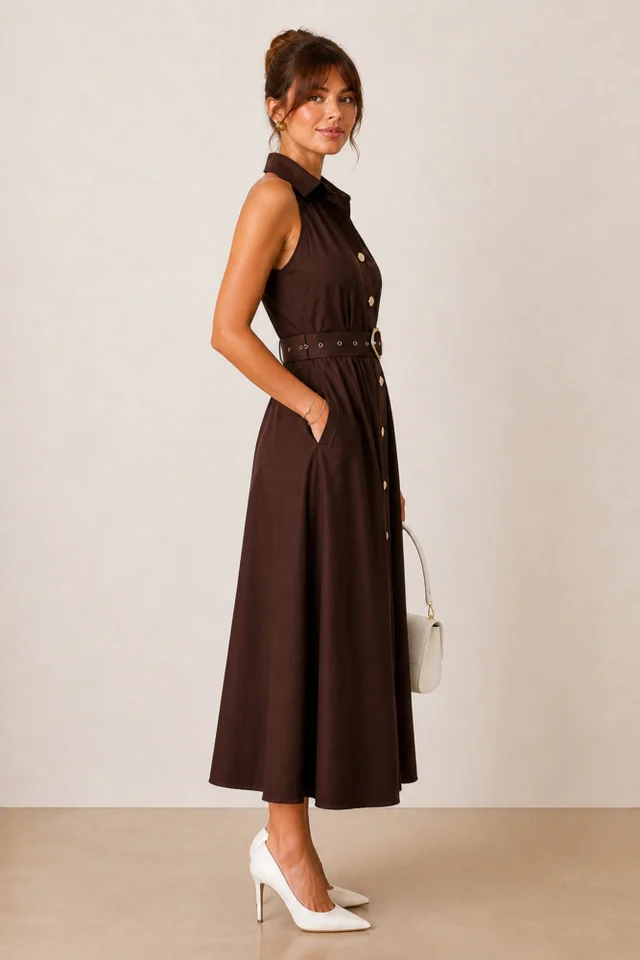 Style Cheat Brown Cotton Racer Shirt Dress