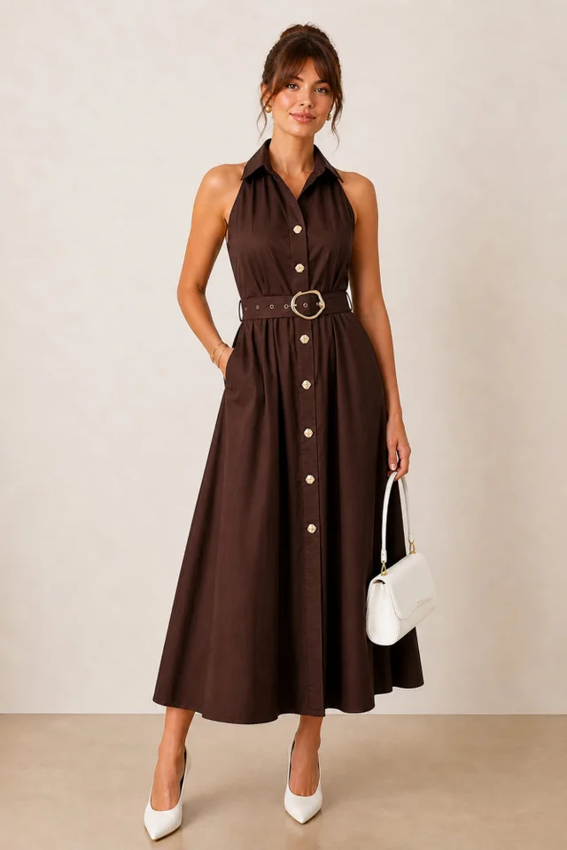 Style Cheat Brown Cotton Racer Shirt Dress