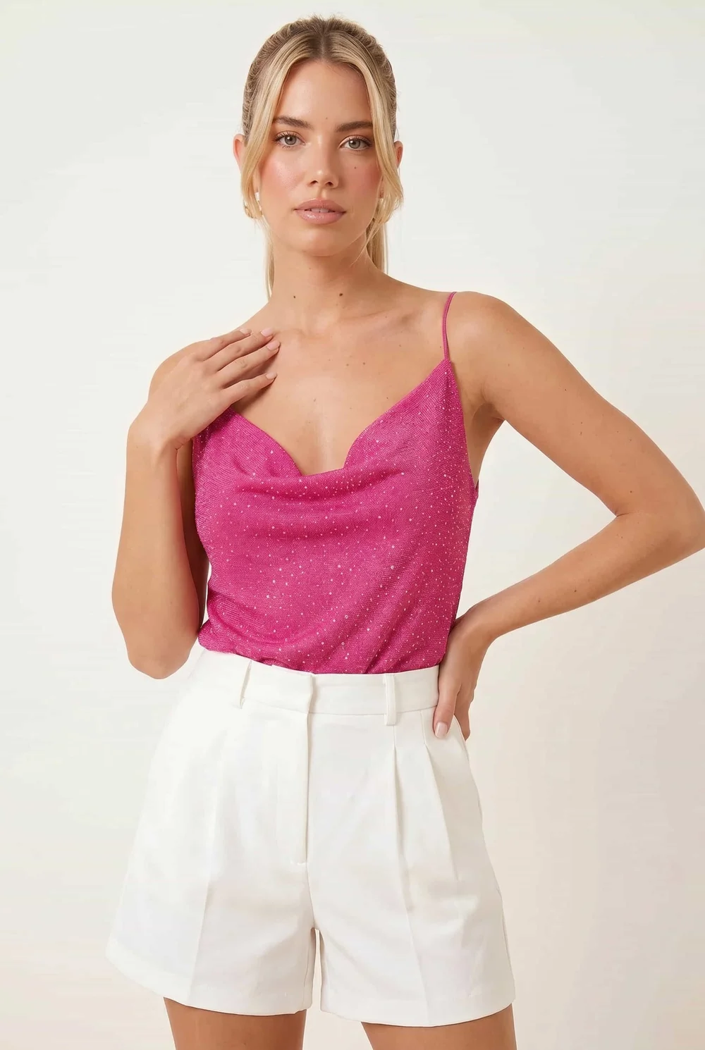 Style Cheat Pink Astra Knit Cowl Neck Hot Fix Top - S Image 1