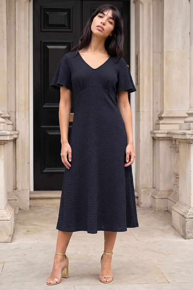 Roman Navy Petite V Neck Dress