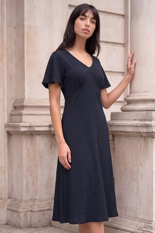 Roman Navy Petite V Neck Dress