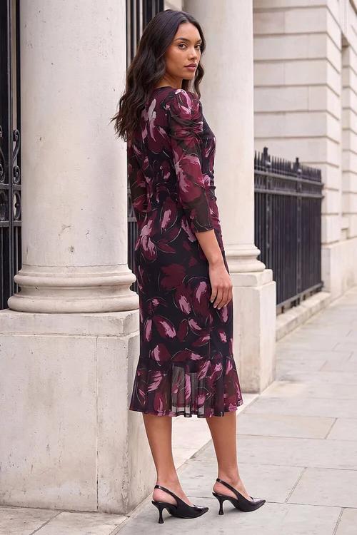 Roman Black Ruched Floral Frill Dress - 10 Image 3