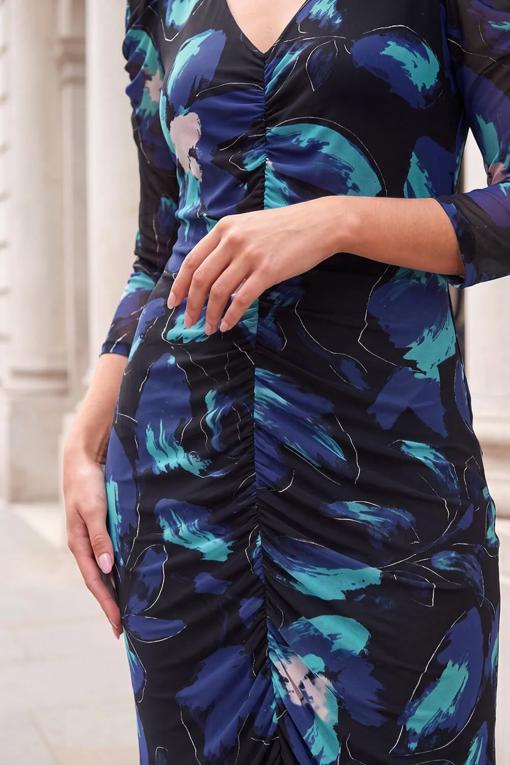 Roman Blue Ruched Floral Dress - 12 Image 4