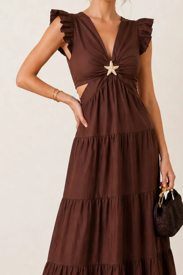 Style Cheat Brown Indie Cut-Out Frill Maxi Dress