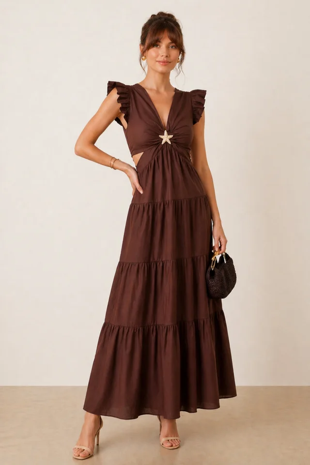 Style Cheat Brown Indie Cut-Out Frill Maxi Dress