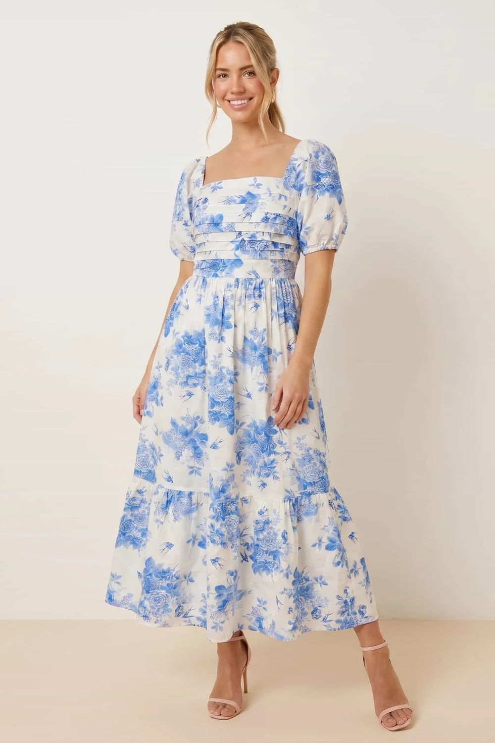 Style Cheat Blue Floral Leighton Puff Sleeve Midi Dress - 12 Image 1