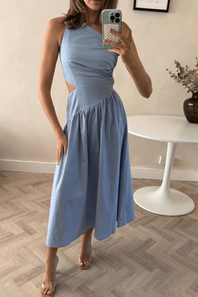 Style Cheat Baby Blue Jasmine Cut Out One-Shoulder Midi Dress