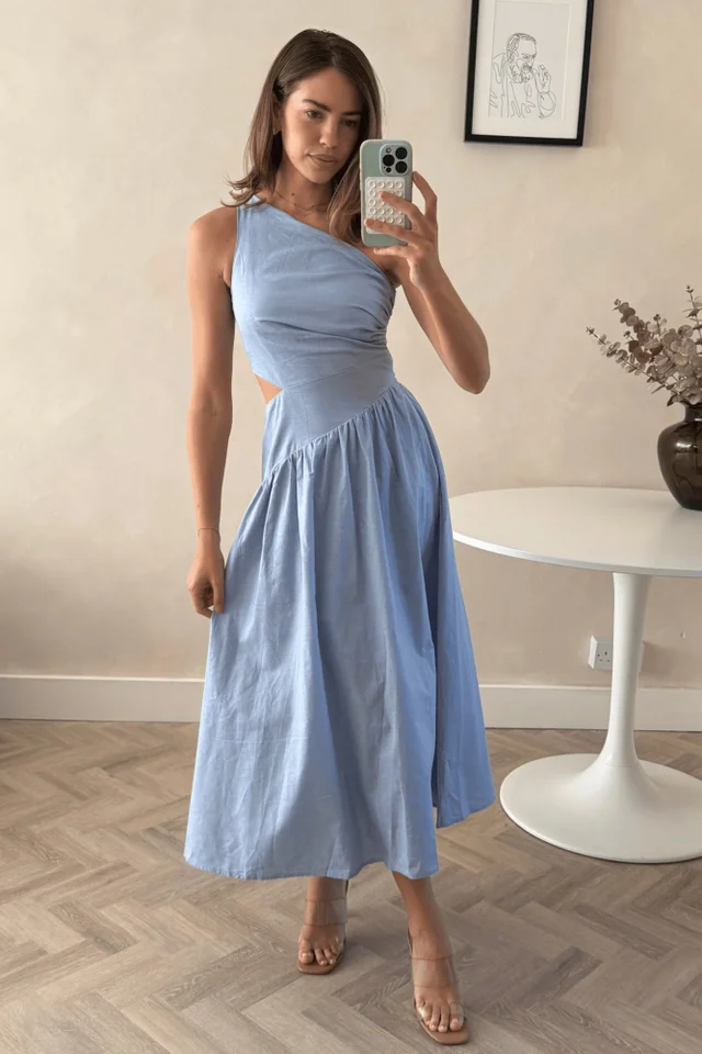 Style Cheat Baby Blue Jasmine Cut Out One-Shoulder Midi Dress