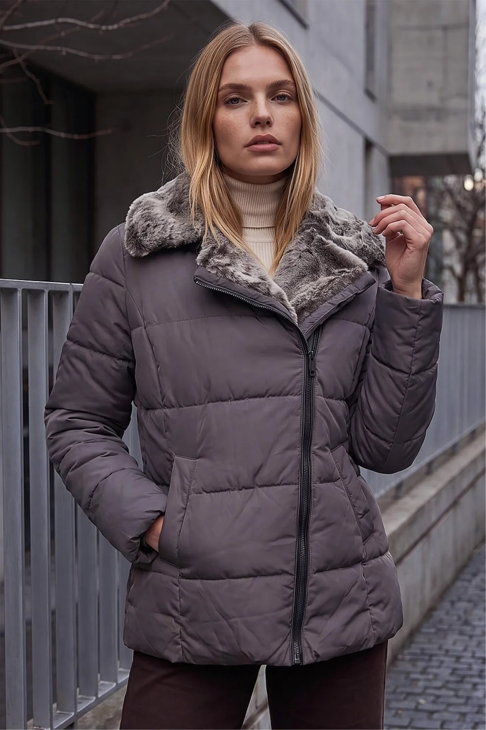Roman Mink Faux Fur Collar Padded Biker Coat - 18 Image 3