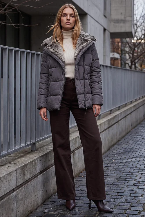 Roman Mink Faux Fur Collar Padded Biker Coat - 18 Image 2