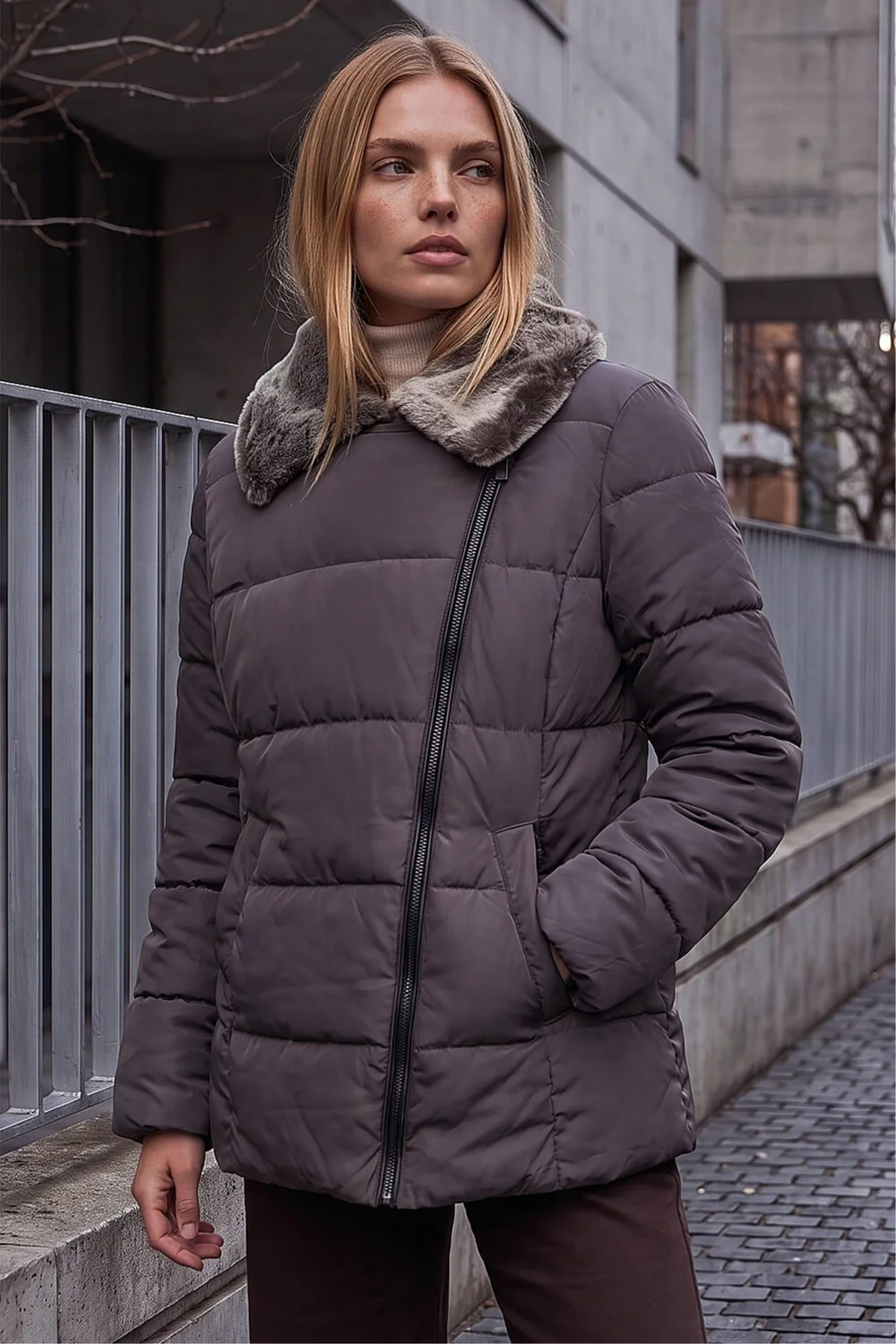 Roman Mink Faux Fur Collar Padded Biker Coat - 18 Image 1