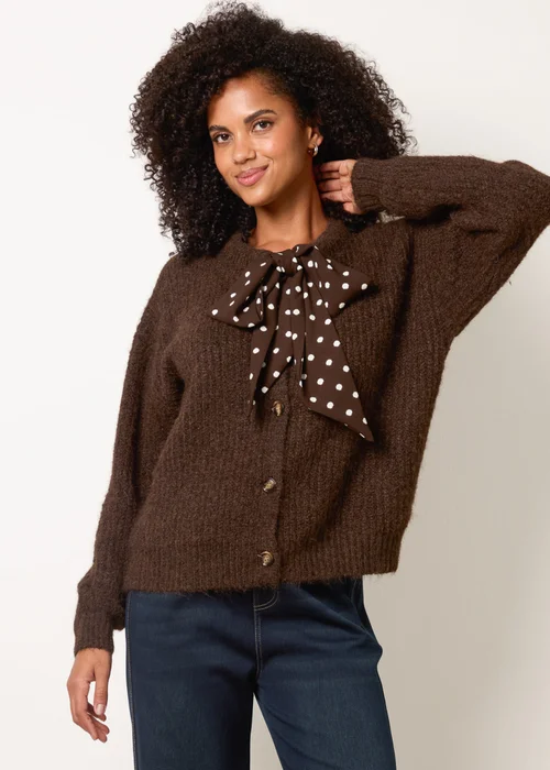Blue Vanilla Brown Pussybow Detail Knitted Cardigan - M/L Image 2