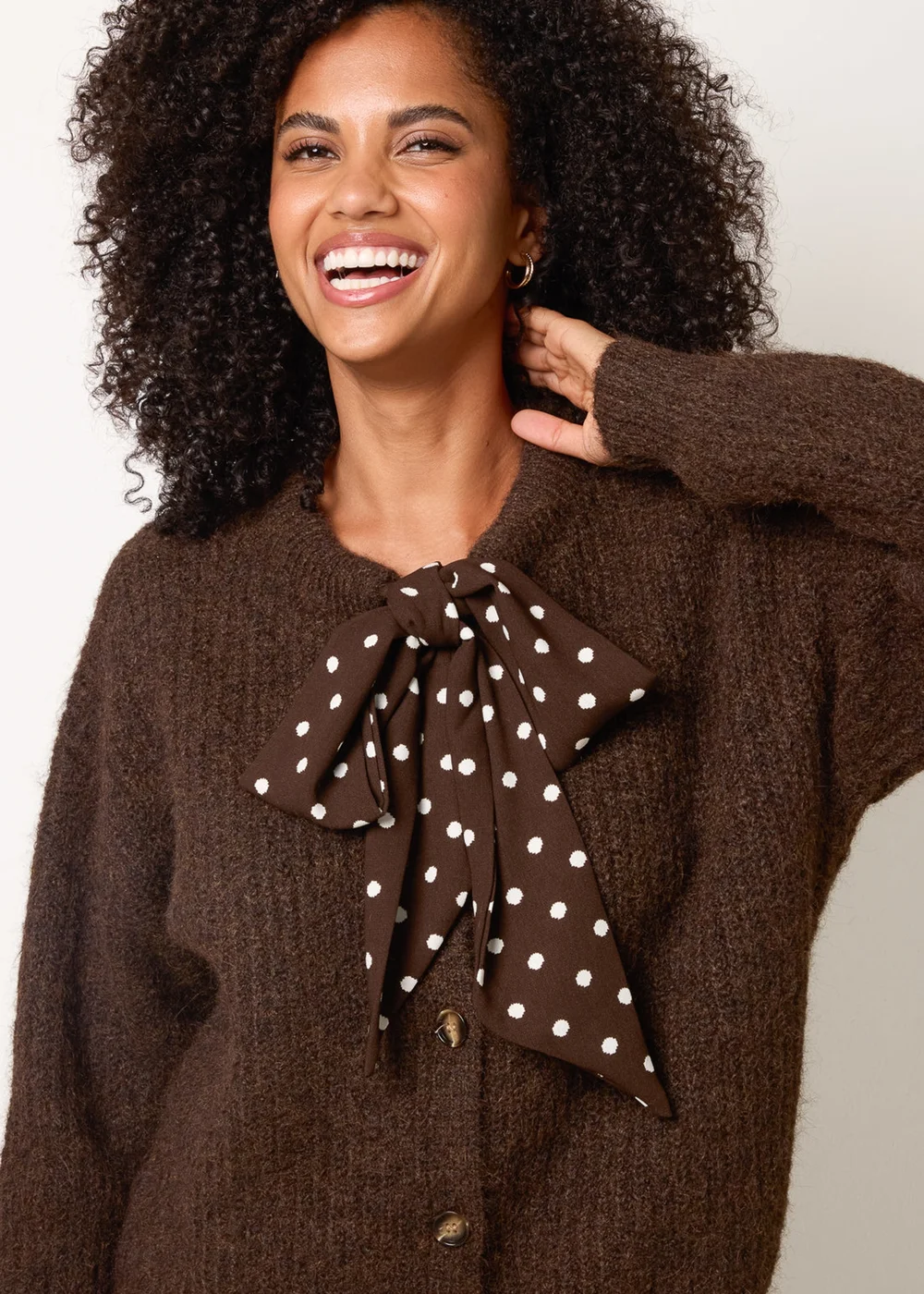 Blue Vanilla Brown Pussybow Detail Knitted Cardigan - M/L Image 1
