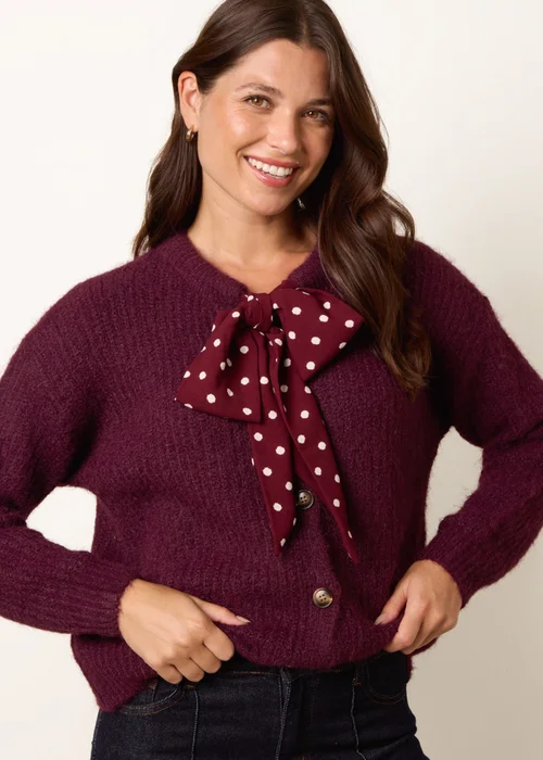 Blue Vanilla Burgundy Pussybow Detail Knitted Cardigan - M/L Image 1
