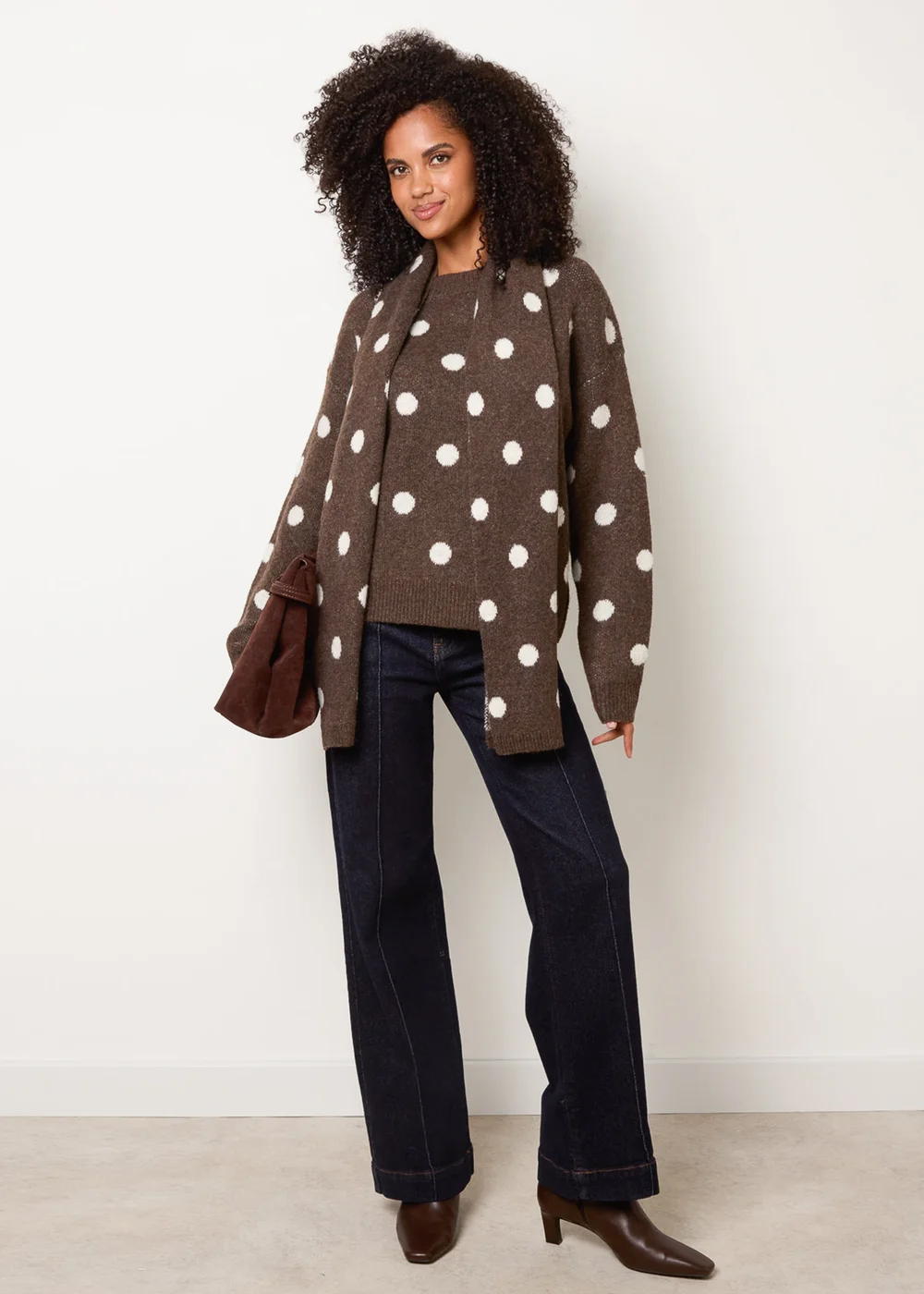 Blue Vanilla Brown Polka Dot Knit Jumper With Scarf - S/M Image 2
