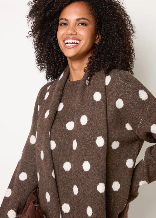 Blue Vanilla Brown Polka Dot Knit Jumper With Scarf - S/M Image 3