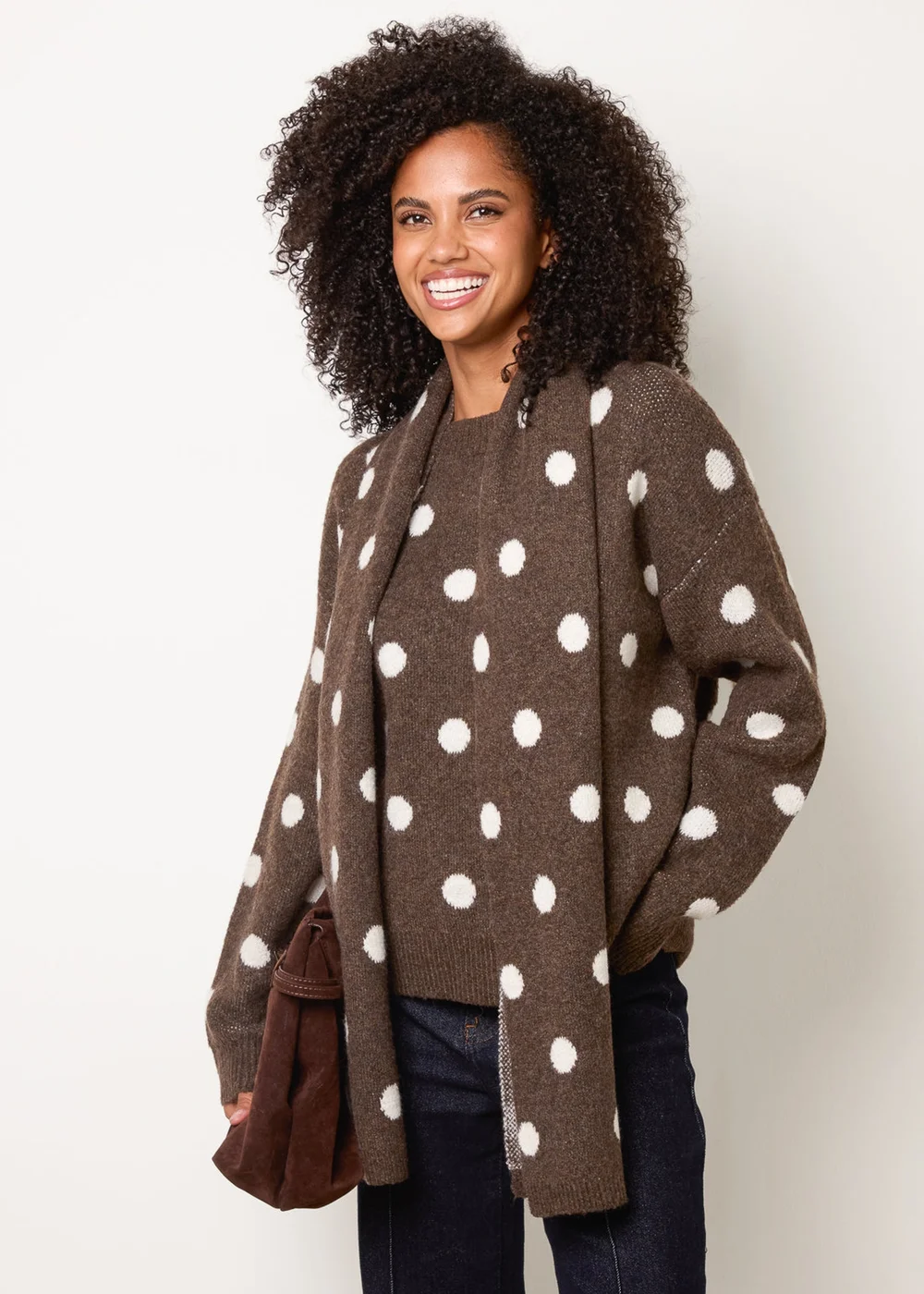 Blue Vanilla Brown Polka Dot Knit Jumper With Scarf - S/M Image 1