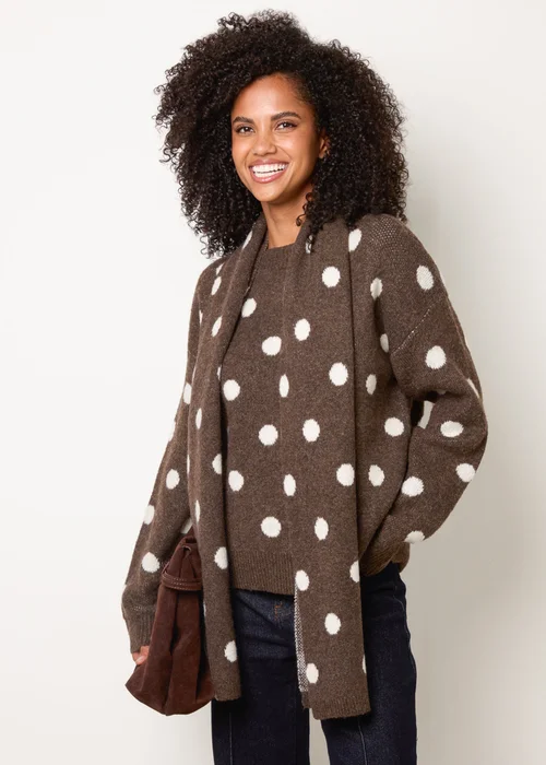 Blue Vanilla Brown Polka Dot Knit Jumper With Scarf - S/M Image 1