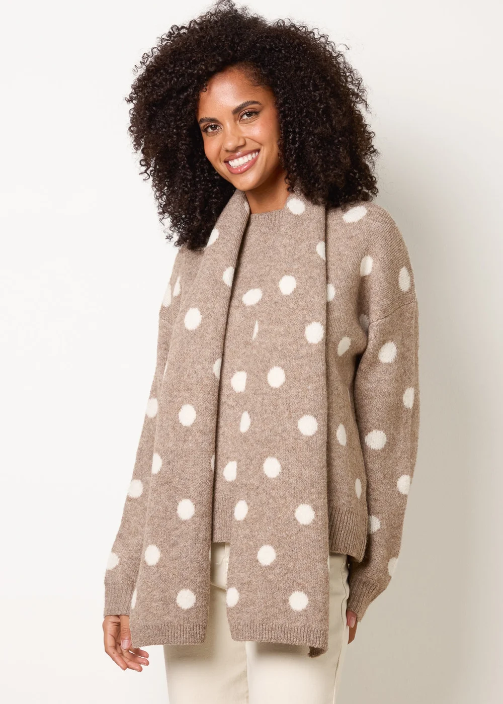 Blue Vanilla Beige Polka Dot Knit Jumper With Scarf - M/L Image 2
