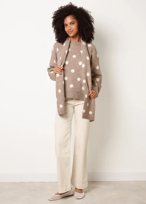 Blue Vanilla Beige Polka Dot Knit Jumper With Scarf - M/L Image 3