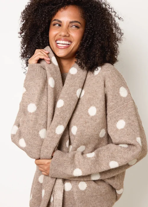 Blue Vanilla Beige Polka Dot Knit Jumper With Scarf - M/L Image 1