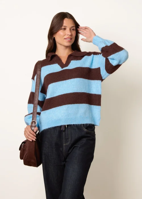 Blue Vanilla Brown Polo Collar Striped Long Sleeve Jumper - S/M Image 3