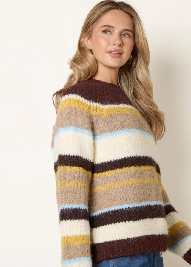 Blue Vanilla Brown Striped Round Neck Knit Jumper