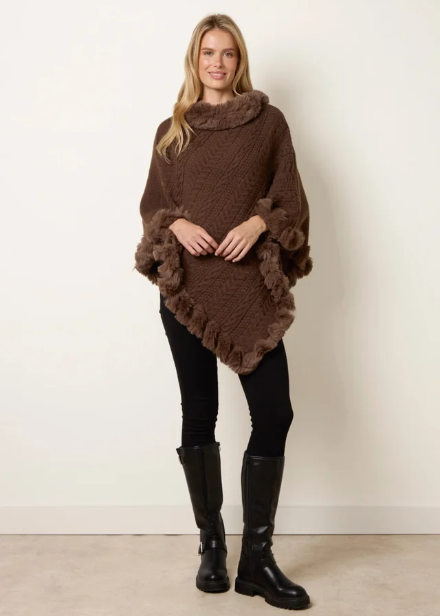 Blue Vanilla Brown Faux Fur Trim Poncho