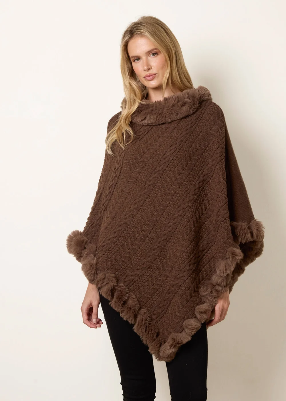 Blue Vanilla Brown Faux Fur Trim Poncho - One Size Image 1