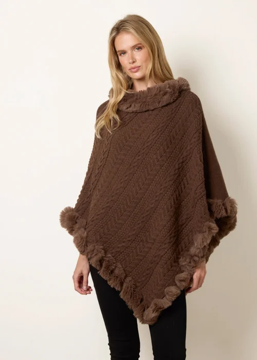Blue Vanilla Brown Faux Fur Trim Poncho - One Size Image 1