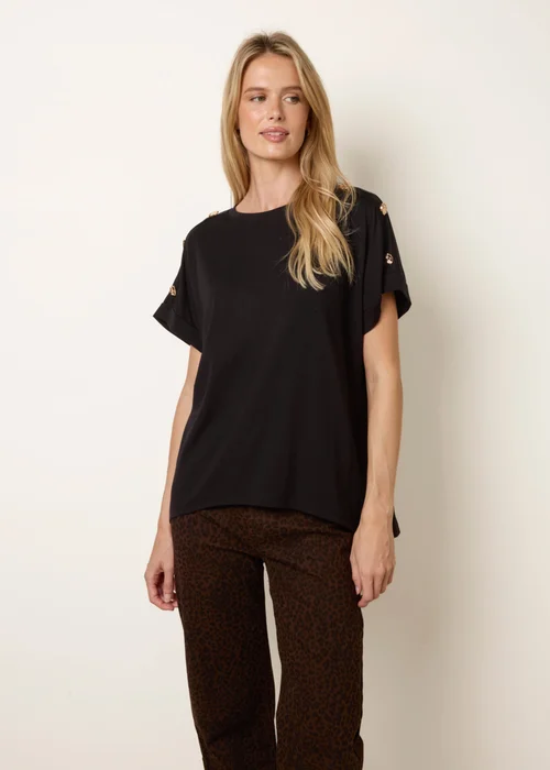 Blue Vanilla Black Round Neck Brochure Shoulder Detailing T-Shirt - S/M Image 1