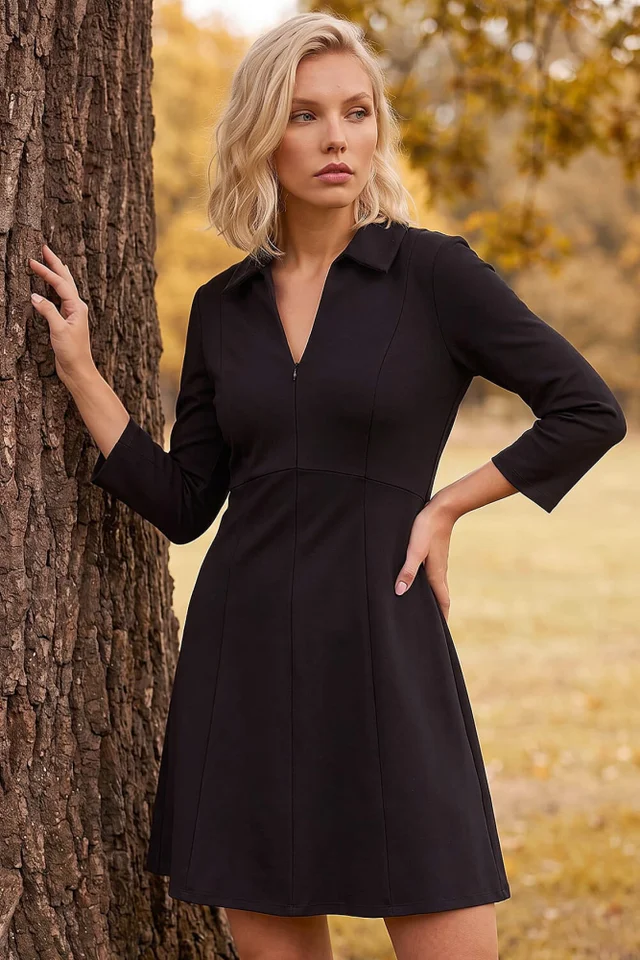 Roman Black Petite Zip Front Dress