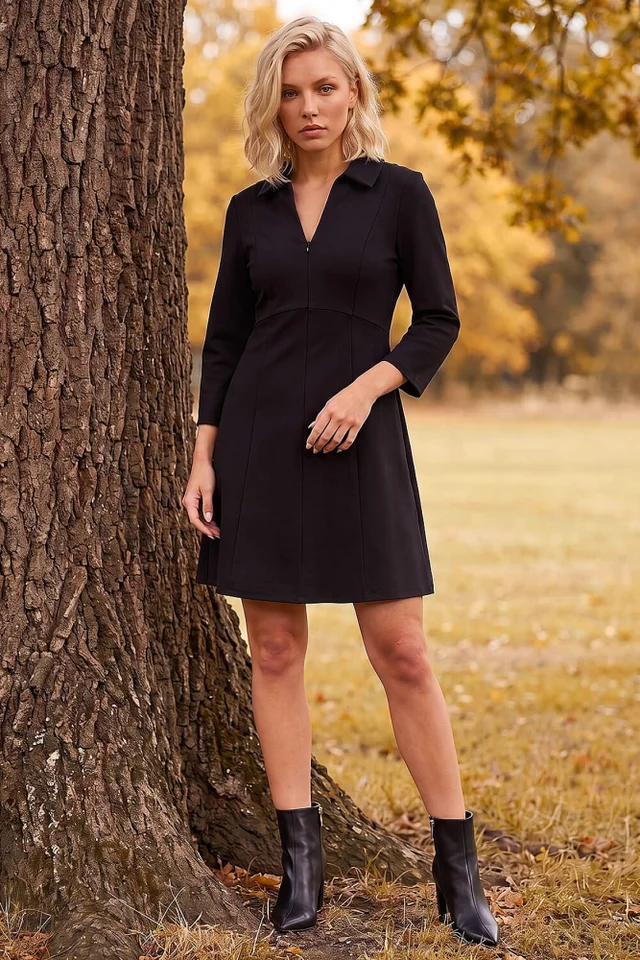 Roman Black Petite Zip Front Dress