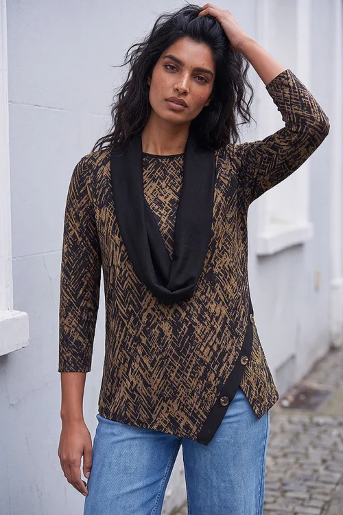 Roman Chocolate Printed Snit Scarf Tunic Top - 14 Image 1
