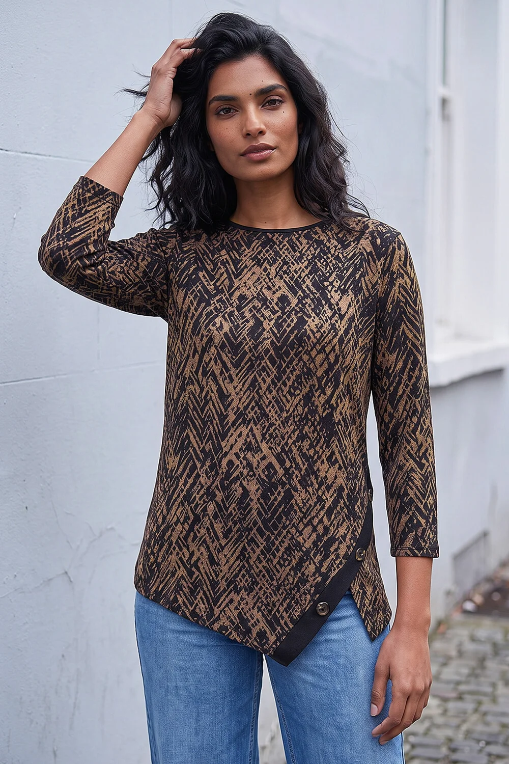 Roman Chocolate Printed Snit Scarf Tunic Top - 14 Image 4