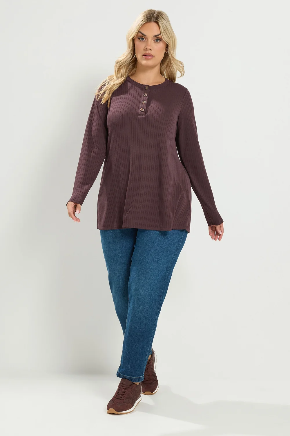Yours Curve Chocolate Brown Pointelle Henley Top - 30-32 Image 2