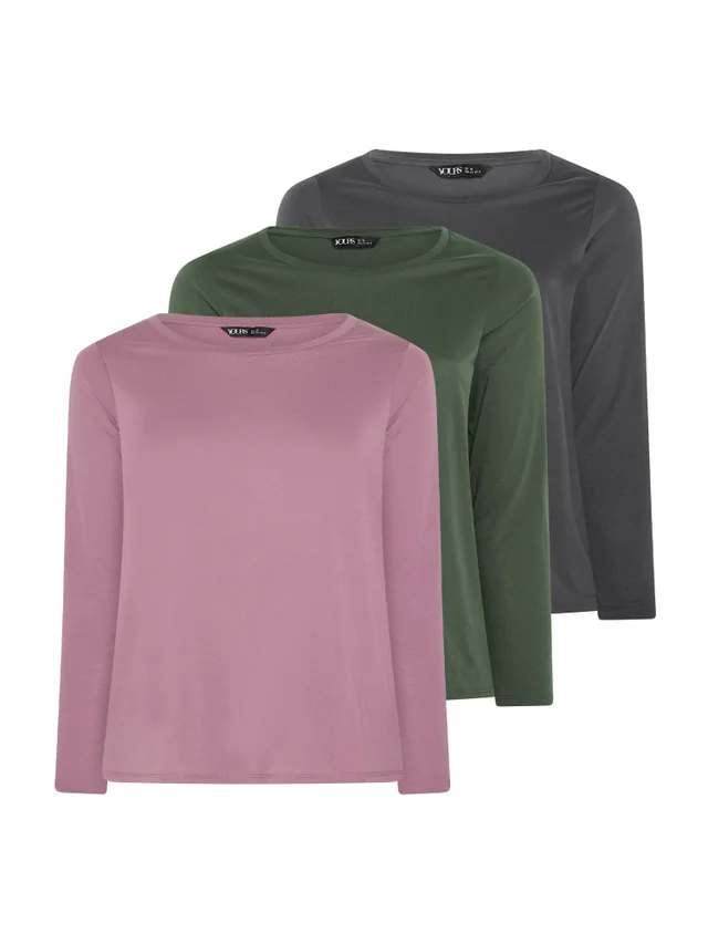 Yours 3 Pack Curve Pink & Green Long Sleeve Core T-Shirts
