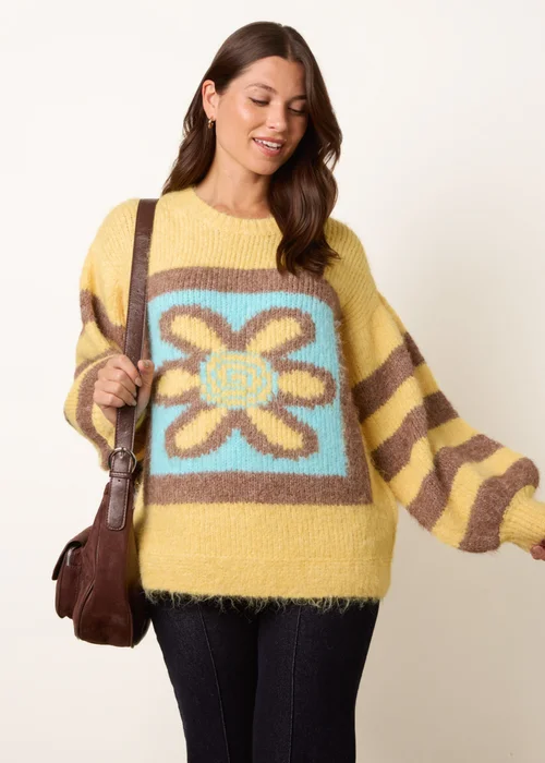 Blue Vanilla Yellow Retro Flower Print Balloon Sleeve Jumper - One Size Image 1