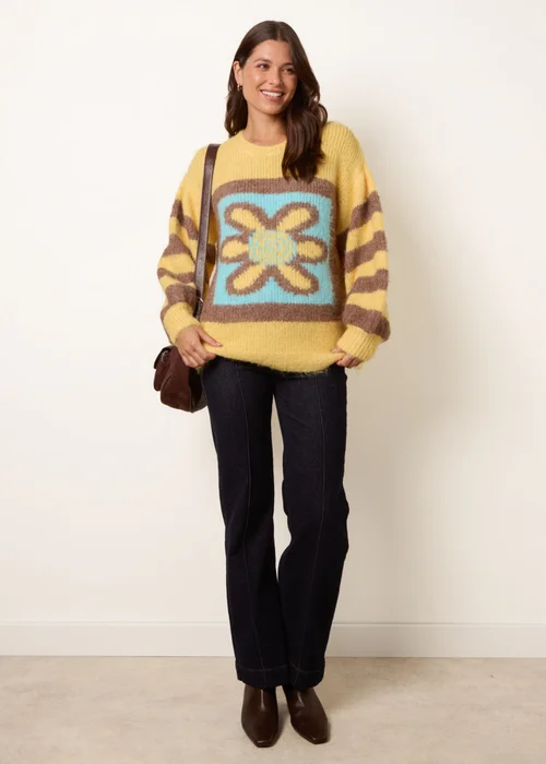 Blue Vanilla Yellow Retro Flower Print Balloon Sleeve Jumper - One Size Image 2