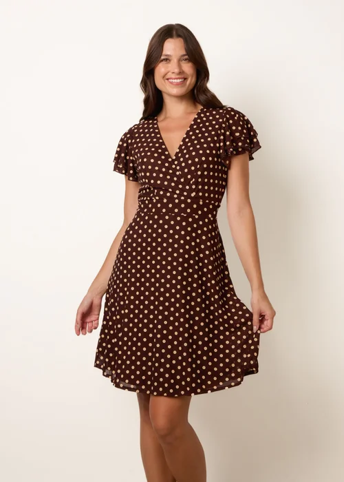 Blue Vanilla Brown Spot Mesh Frill Sleeve Dress - L Image 1